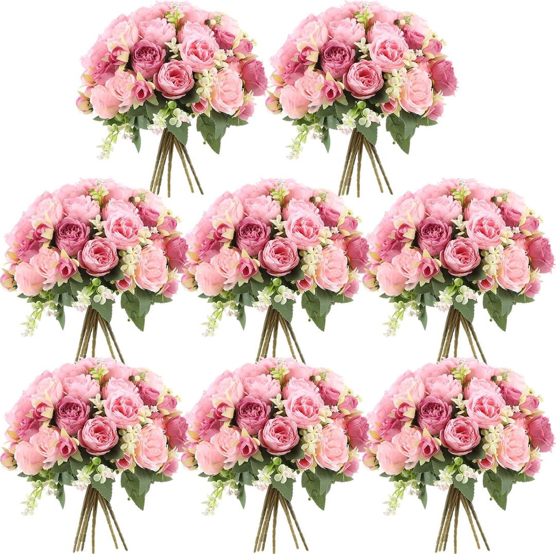 Geosar 8 Bundles Artificial Peonies Flowers Fake Silk Peony Bouquet Faux Peonies Flowers Bulk for Decoration Vase Floral Arrangements Wedding Party Table (Russet Red, Light Pink)