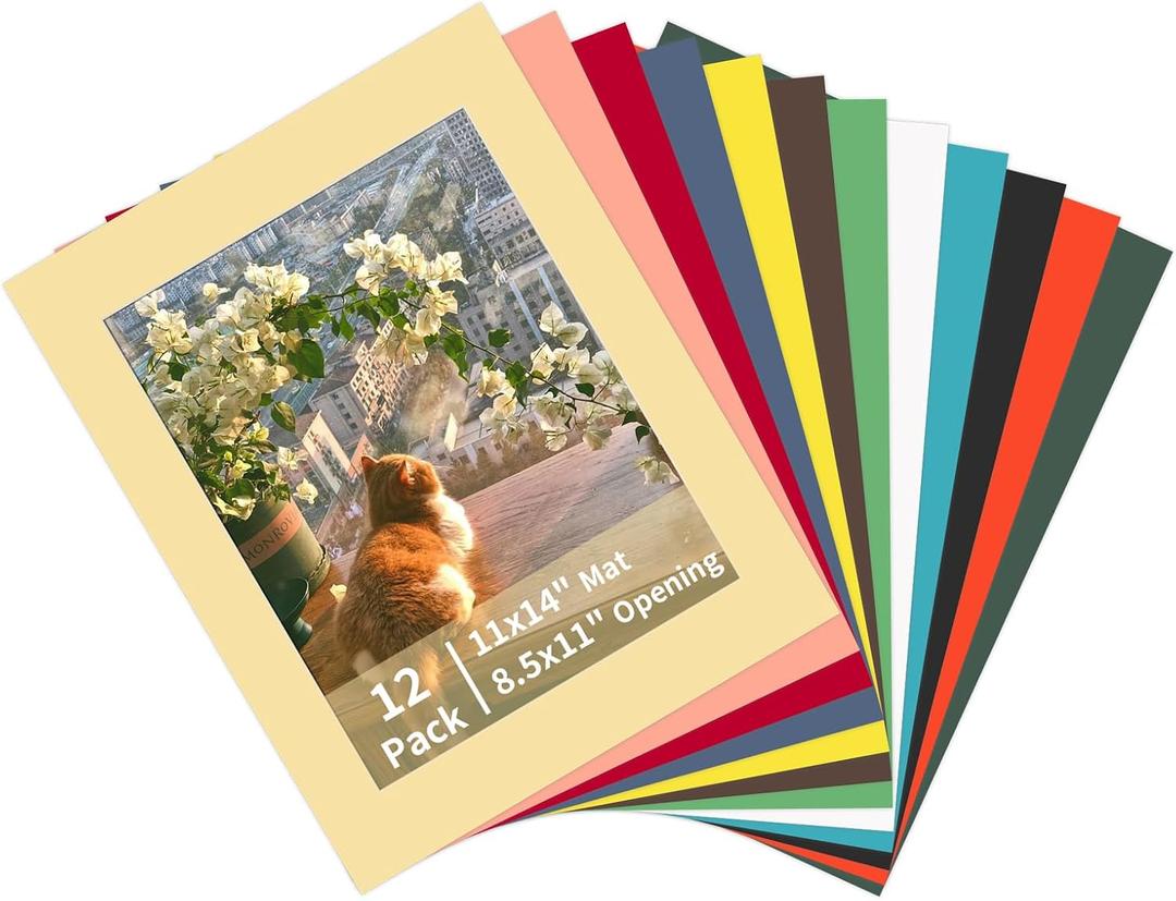 ZBEIVAN 12 Packs Mixed Colors 11x14 Picture Frame Mats for 8.5x11 Photos, Artworks and Prints, White Core Bevel Cut Frame Mattes