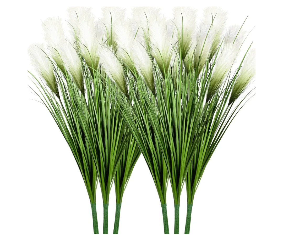 Vlorart 33" Artificial Plants 6 Pack Onion Tall Grass Greenery, Faux Fake Grass Shrubs Plant Flowers Wheat Grass for House Home Indoor Outdoor Office Room Gardening Indoor Décor-White