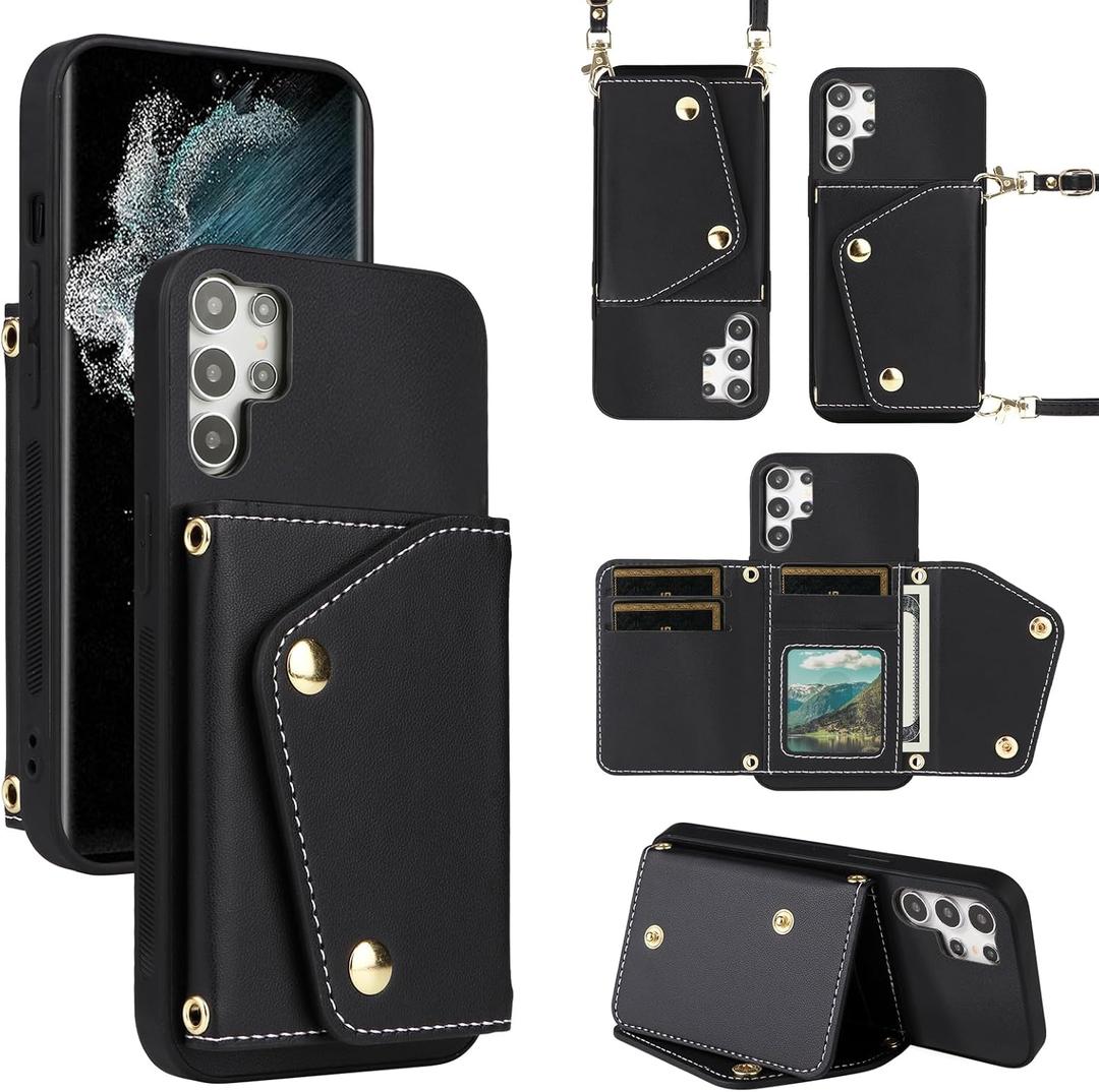 Luxury Wallet Case for Samsung Galaxy S25 Ultra with 5 Card Slots Thin Slim Flip Purse & Shoulder Strap,PU Leather Credit Card Holder Stand Accessories Cell Phone Cover for Women Men Black
