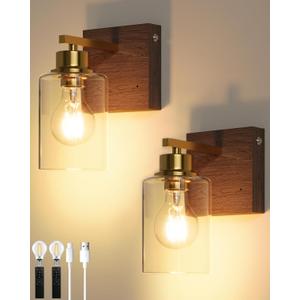 Rechargeable Wall Sconce, Gold & Walnut Battery Operated Wall Sconce Set of 2 with Timer Function, Easy Install Dimmable Wireless Wall Lamps for Living Room, Bedroom, Hallway, Entryway Decor 3000K