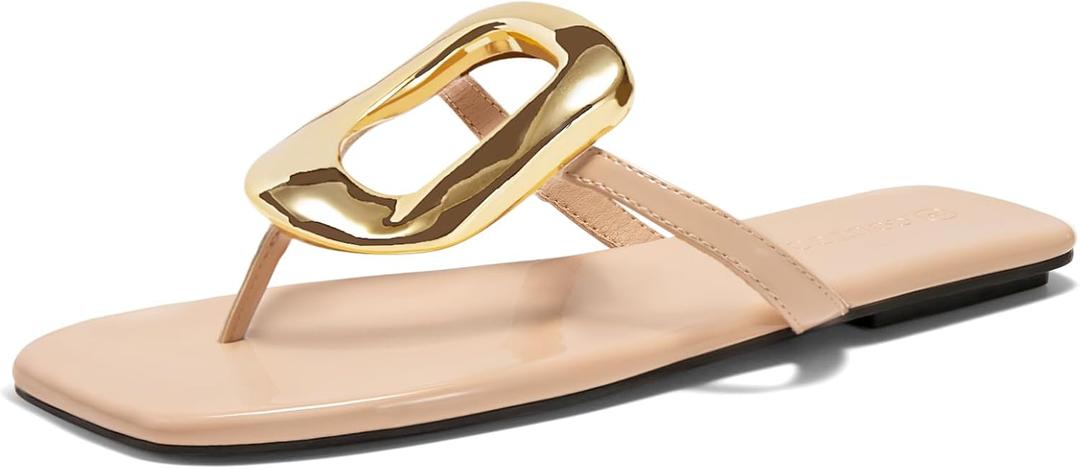 Coutgo Womens Flat Sandals Comfortable Flip Flops Slide Sandals Summer Beach Shoes with Metal Decoration (9.5, Nude)