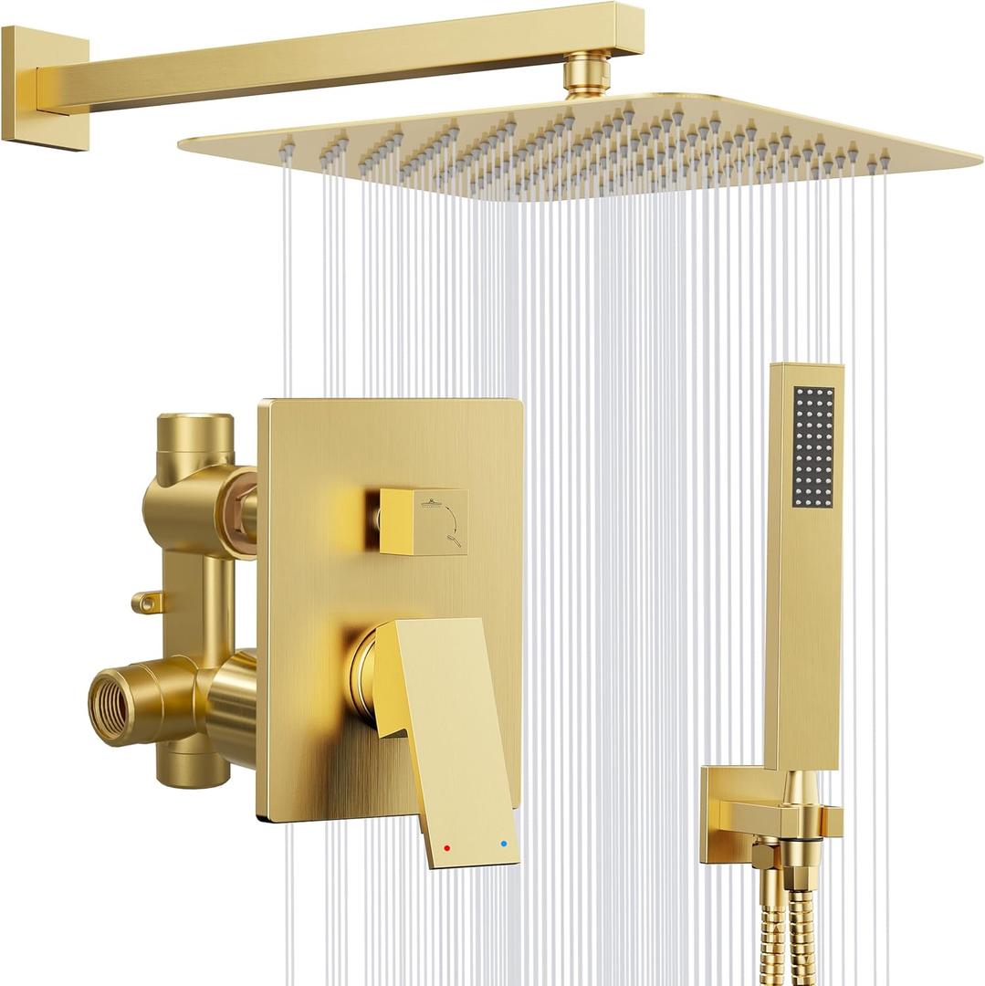 Kurpot Gold Shower System, 10'' Square Rainfall Shower Head with Handheld Combo Spray, Bathroom Brushed Gold Shower Faucet Set with Valve, 59'' Shower Hose, Shower Trim Kit and Diverter, Wall Mounted