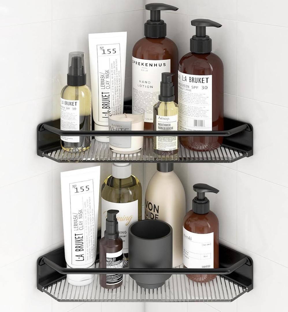 Corner Shower Caddy, 2 Pack Adhesive Bathroom ShelvesAcrylic Shower Shelf Rack, No Drilling Bathroom Organizers and Storage Racks,Black