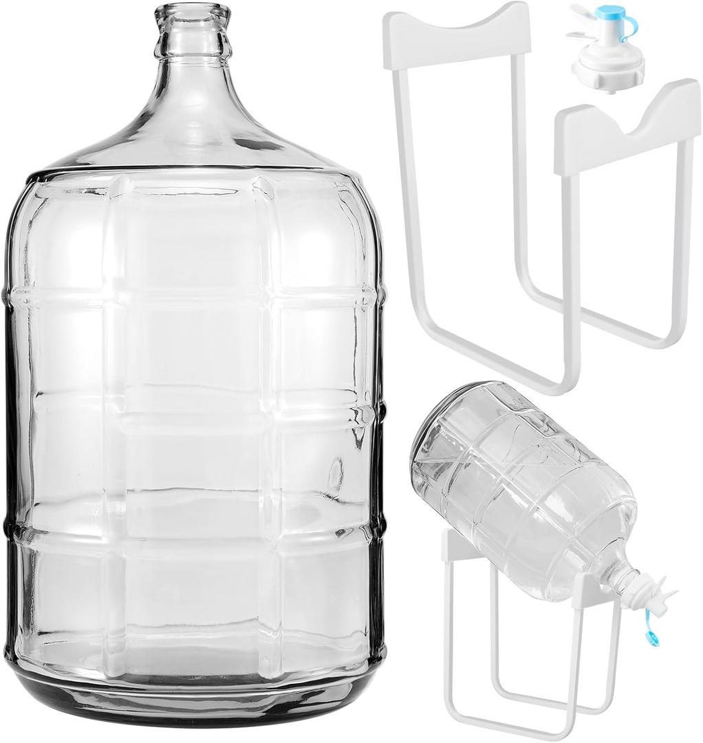 Maxdot 5 Gallon Glass Water Jug with Water Jug Stand and Dispenser Valves, Carboy Fermenter Food Grade for Water Storage, Beer Wine Making and Fermentation Making Equipment 