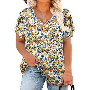 DOLNINE Womens Plus-Size Tops Petal Short Sleeve Shirts Summer Casual V Neck Loose Tee Size XL