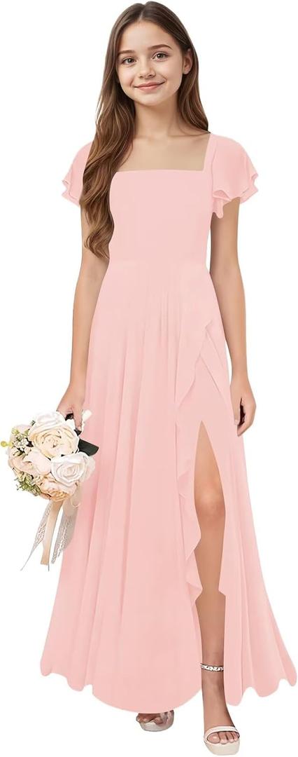 Eightale Blush Pink Junior Bridesmaid Dresses Chiffon Square Neck Long Flower Girl Dress Teen Ruffle Sleeve Maxi Wedding Party Gown 6-16 Years Size 10-11 (Pink)