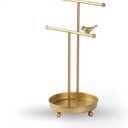 SOFFEE DESIGN Tabletop Jewelry Tower Display Rack Organizer Stand Double T-Bars, Golden Jewelry Holder with Round Tray for Hanging Necklace Ring Bracelet Earring Storage Free Standing Bird Decor