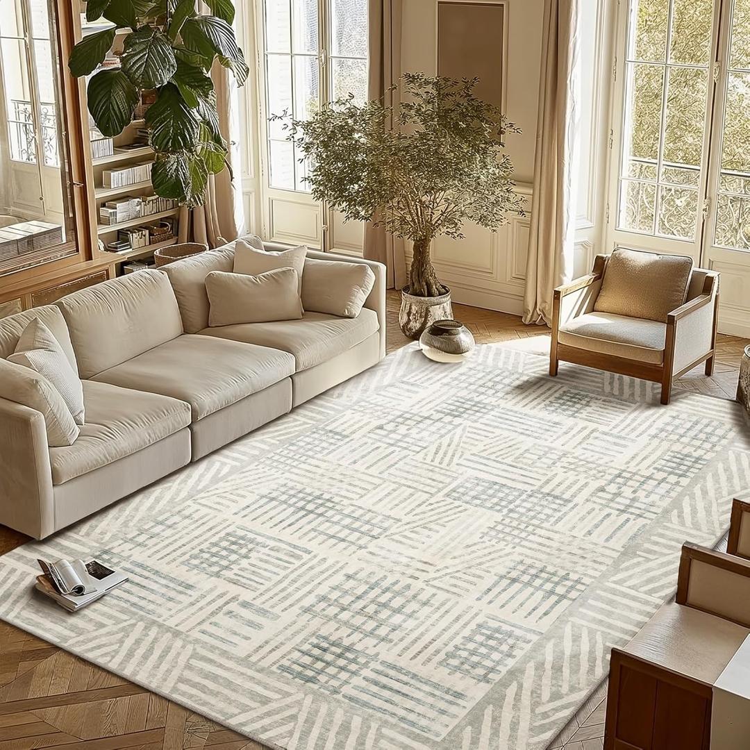 Area Rug 6x9 Abstract Geometric Textured Brushstroke - Neutral Gray & Light Blue Modern Minimalist Area Rug, Decorative Carpet for Living Room Bedroom Home Decor (Stripe)