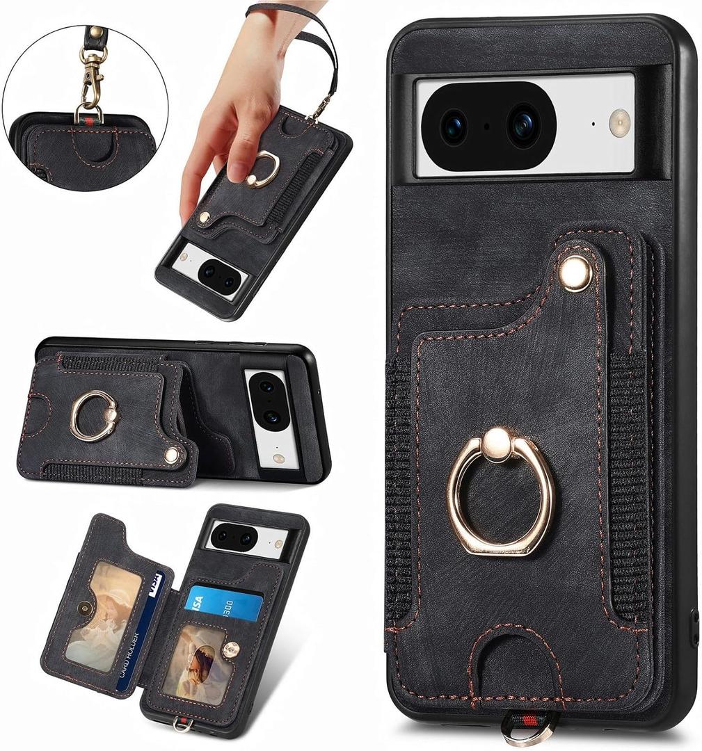 for Google Pixel 8 Phone Case Wallet with Card Holder,PU Leather Flip Folio Case,RFID Blocking Ring Holder Kickstand Wrist Strap Magnetic Protective Women Men Cover for Google Pixel 8 Black