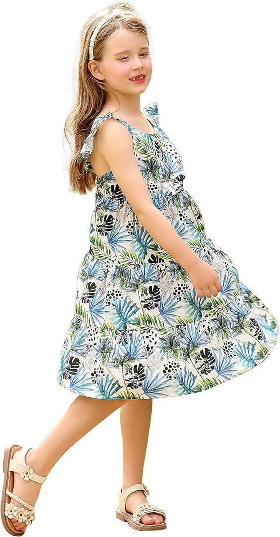 Girls Summer Dresses Boho Floral Print Cute Layer Ruffle Sleeve Hawaiian Casual Sundress Dress 2-13 Years (Tropical Plants)