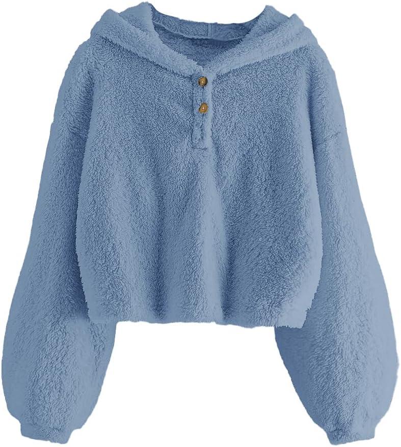 GAMISOTE Kids Girl's Fuzzy Hoodies Warm Loose Button Down Pullover Sherpa Jacket Top (7-8 Years, Blue)