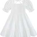 Toddler Girl Summer Dress Kids Short Sleeve Smocked Boho Princess Dresses Casual Beach Sundress (White),5-6Y