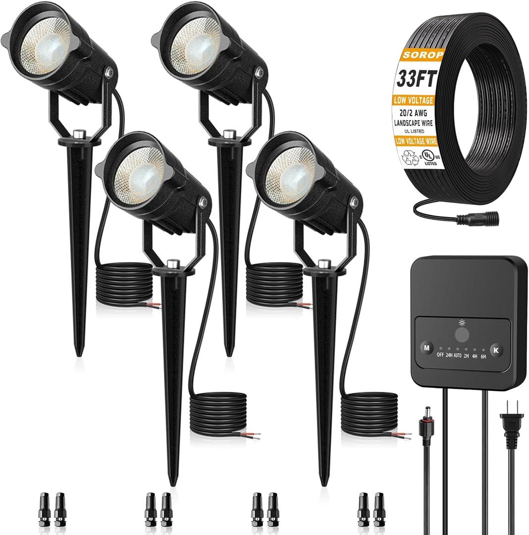 Landscape Lighting Kit, Low Voltage Landscape Lights with Dusk to Dawn Transformer 33FT Wire, Waterproof Outdoor Landscape Lights 3000K 12-24V, Outdoor Spotlight for Yard House 4Pack