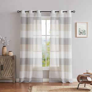 Central Park Gray Tan Stripe Sheer Color Block Window Curtain Panel Linen Window Treatment for Bedroom Living Room Farmhouse 63 inches Long with Grommets, 2 Panel Rustic Drapes