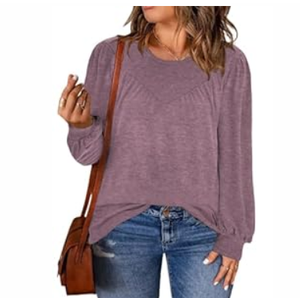 DOLNINE Womens-Plus-Size-Tops Trendy Puff Long Sleeve Shirts Cute Crewneck Pleated Blouses Lightweight Loose Fit Sweatshirts (3X-Large)
