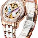 OLEVS Womens Automatic Watch, Premium Large Face Diamond Accented Self Winding Watches for Women, Fashion Waterproof Ladies Dress Watch, Two Tone Stainless Steel Ceramic Bracelet (04 Butterfly/Colorful Dial)