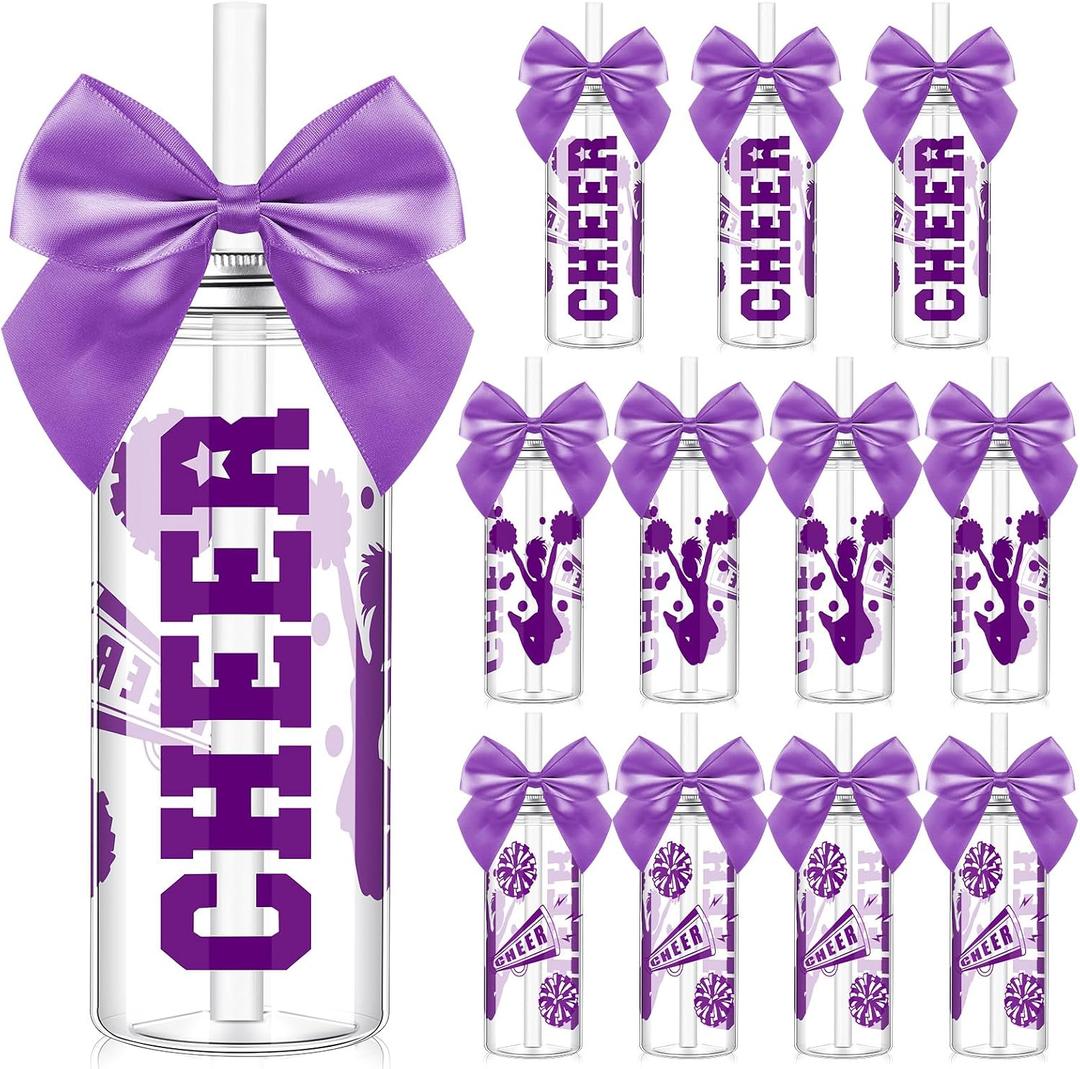 Teenyyou 12 Pcs Purple Cheerleader Gift Bulk for Team Cheer Cups 14 oz Bow Water Bottle Plastic Cheer Tumblers with Lid and Straw for Cheerleader Sport Party Favor Gift