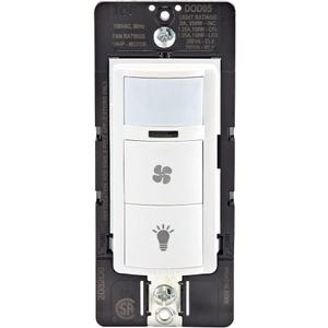 Leviton Decora in-Wall Combination Occupancy Sensor with Fan Switch, Auto-On or Manual-On, 1/4 HP, Residential Grade, Single Pole, White, DOD05-1LW