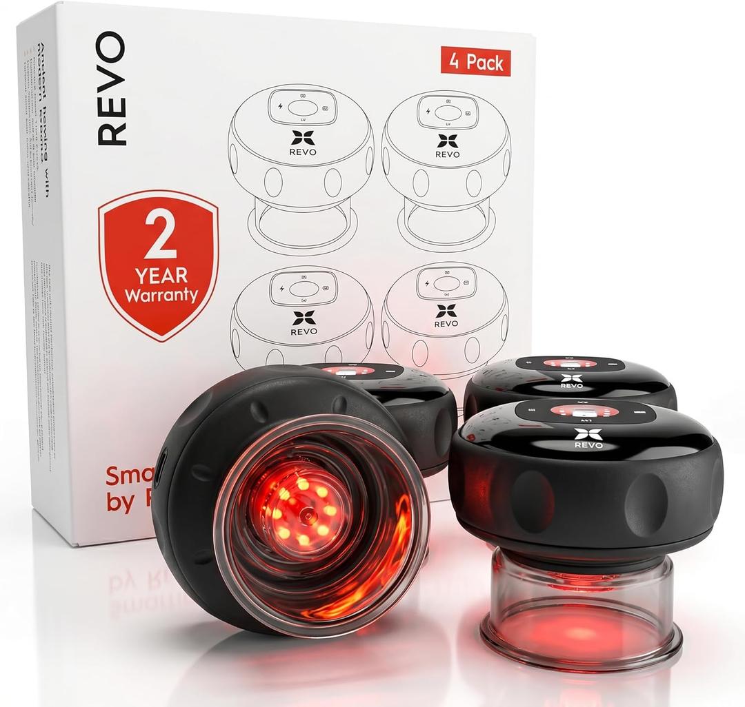 REVO The Original 4in1 Smart Cupping Therapy Massager, Red Light Therapy for Targeted Pain Relief, Knots, Aches, Muscle Soreness, Circulation & Tighter Skin, Portable Cupping Kit