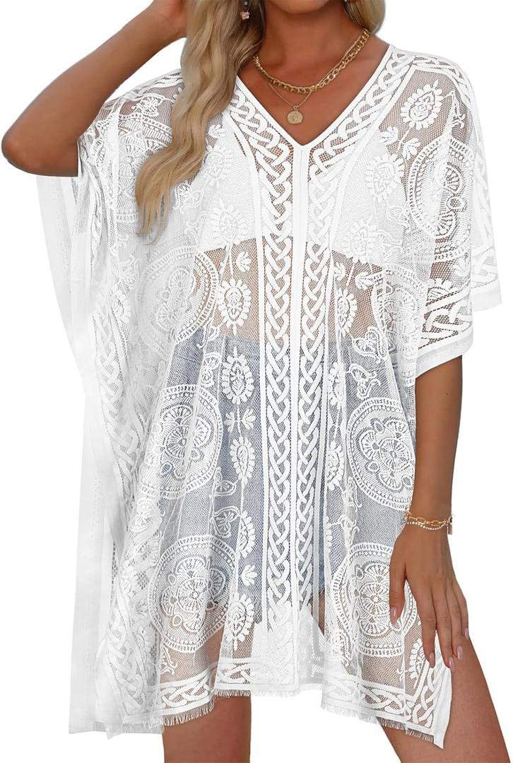 Womens Lace Bathing Suit Cover Up V Neck Beach Coverup Summer Swim Coverups Loose Bikini Beach Dress 2026 (White, XL)