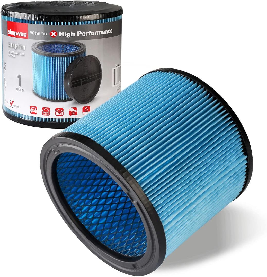 Shop-Vac High Performance 90350/90304/90344 Cartridge Filter, Fits most 5-16 Gallon Shop-Vac Wet/Dry Vacuums, High Efficiency Nanofiber Filtration Paper, Reusable, 1 Pack