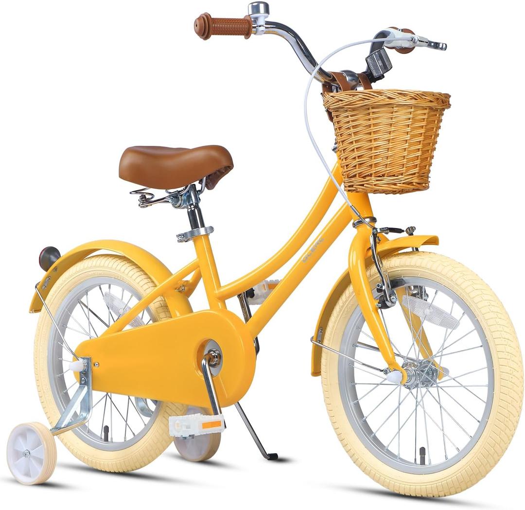 Glerc Little Molly 12-20 Inch Kids Retro Cruiser Bike for 2-13 Year Old with Wicker Basket & Training Wheels/Kickstand, Multiple Colors, 16 inch