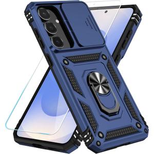 SunStory Compatible with Samsung Galaxy S25 FE 5G Case with HD Screen Protector & Slide Camera Cover & Rotated Ring Kickstand, [Military-Grade] Phone Case for Galaxy S25 FE (Blue)