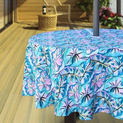 Hipinger Outdoor Tablecloth with Umbrella Hole and Zipper, Patio Table Cloth,Heavyweight Stain Resistant Waterproof,60 Inch Round,Green ana Pink Leaves