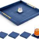 Remagr 24'' Square Extra Large Ottoman Tray, Wood Serving Tray with 4 Coasters and Metal Handles Decorative Coffee Table Platter for Living Room Sofa Food Tea Server Housewarming Home Gift(Blue)