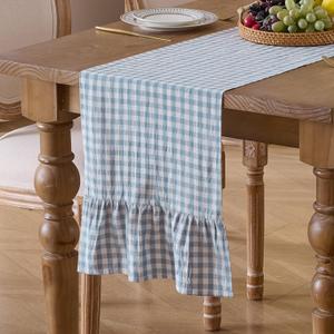 13" x 72" Plaid Gingham Ruffle Table Runner, Dusty Blue Cotton Checkered Table Runner for Farmhouse, Party, Kitchen Decor