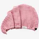 100% Organic Cotton Hair Drying Waffle Towel Wrap for Women | Absorbent & Quick Dry Head Turban for Wet Hair in Shower Sauna Spa, Extra Large for Long Straight Curly Plopping Button (Pink, 1 PACK)