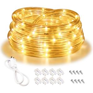 LED Rope Lights, 16ft Warm White Strip Lights, Connectable and Flexible Tape Lights with Fuse Holder, Clear Thick PVC Jacket and High Brightness Advanced LEDs, Waterproof for Indoor Outdoor Use