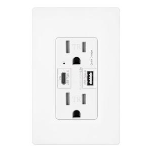 Micmi USB C + A Outlet PD 65W GaN + Power Delivery Receptacle 6.5A with Type A and Type C Ports, 125 Volt Tamper-Resistant for USB-C Cellphone W/Wallplate UL Listed (1Pack, White, 15Amp 65W USB C+A)