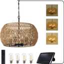 Solar Lights Outdoor Chandelier with Remote & Dimmable LED Bulb, Rattan Solar Powered Outdoor Lights for Patio, Indoor Boho Hanging Pendant Light Fixture, Garden Lights for Porch Gazebo Patio Yard