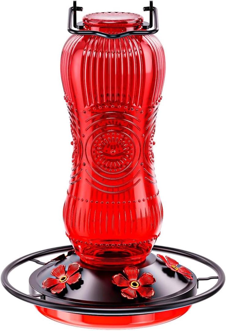 25 Ounces Hummingbird Feeders for Outdoors Hanging, Vintage Style Glass Humming Bird Feeder with Ant Moat & 5 Feeding Ports