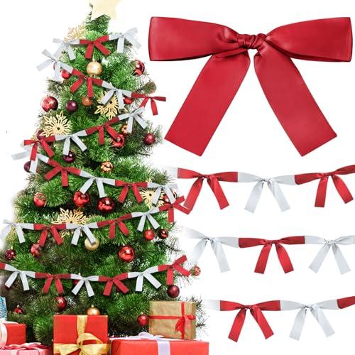 Trandraft 2 Pcs Christmas Bow Garland Banner 16.4 ft Pre-Assembled Red and Sliver Satin Bows Ornaments Xmas Bows Hanging Decors for Room Fireplace Bachelorette Party Birthday Baby Shower Supplies 