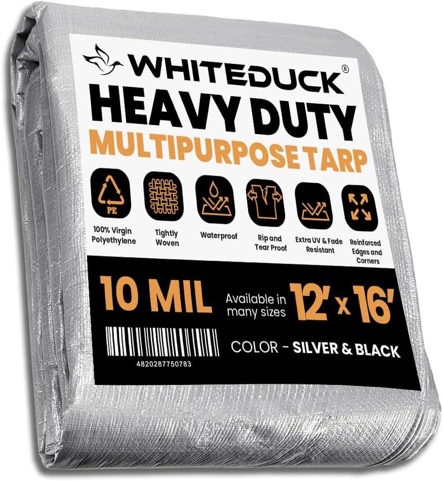 WHITEDUCK Super Heavy Duty Poly Tarp Cover 16 Mil & 10 Mil with Grommets and Reinforced Edges (Brown, White & Silver Black) (Silver Black- 10 Mil, 12' x 16')