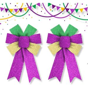 Hying 2 Pieces Mardi Gras Bows for Wreath, Fat Tuesday Wreath Bows Glitter Green Purple Gold Bows New Orleans Holiday Craft Bows for Front Door Carnival Masquerade Cosplay Party Decor Supplies