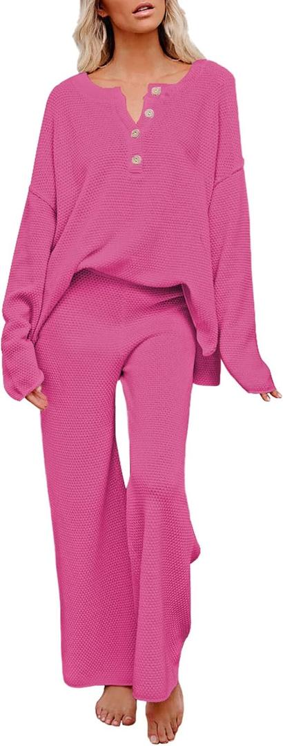 Pink Queen Women's 2 Piece Lounge Set Button Pullover Knit Top Long Wide Leg Pants Sweatsuit Sweater Set Rose Red M