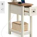 VASAGLE Farmhouse End Table with Storage Drawer, Narrow Side Table with Charging Station, Nightstand, Easy Assembly, for Living Room, Bedroom, Honey Brown and Rustic White ULET328W01