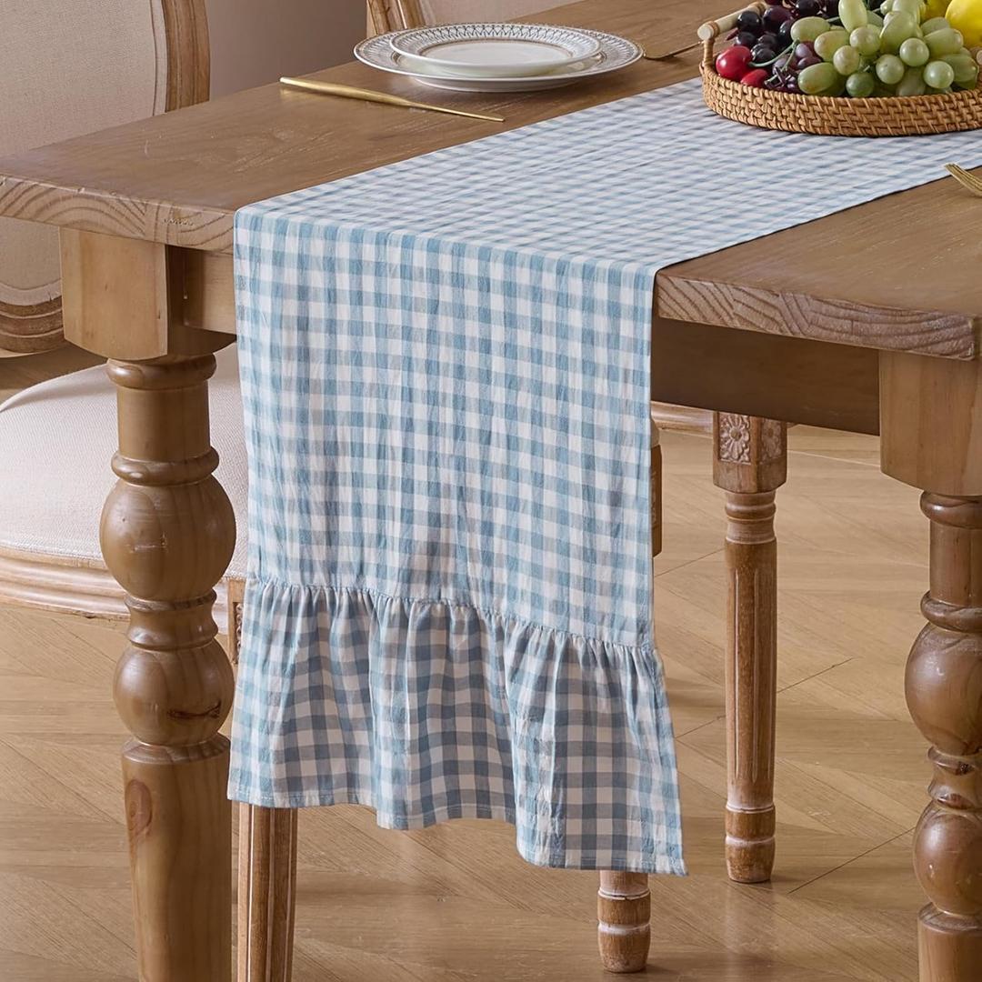 13" x 72" Plaid Gingham Ruffle Table Runner, Dusty Blue Cotton Checkered Table Runner for Farmhouse, Party, Kitchen Decor