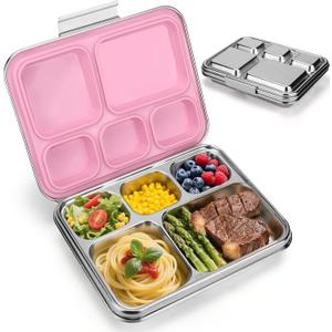 Palksky Lunch Bento Box Stainless Steel, Metal Bento Boxes for Kids Leak-Proof, 5 Compartments Lunchable Food Storage Containers with Lid for School, Office, Travel 