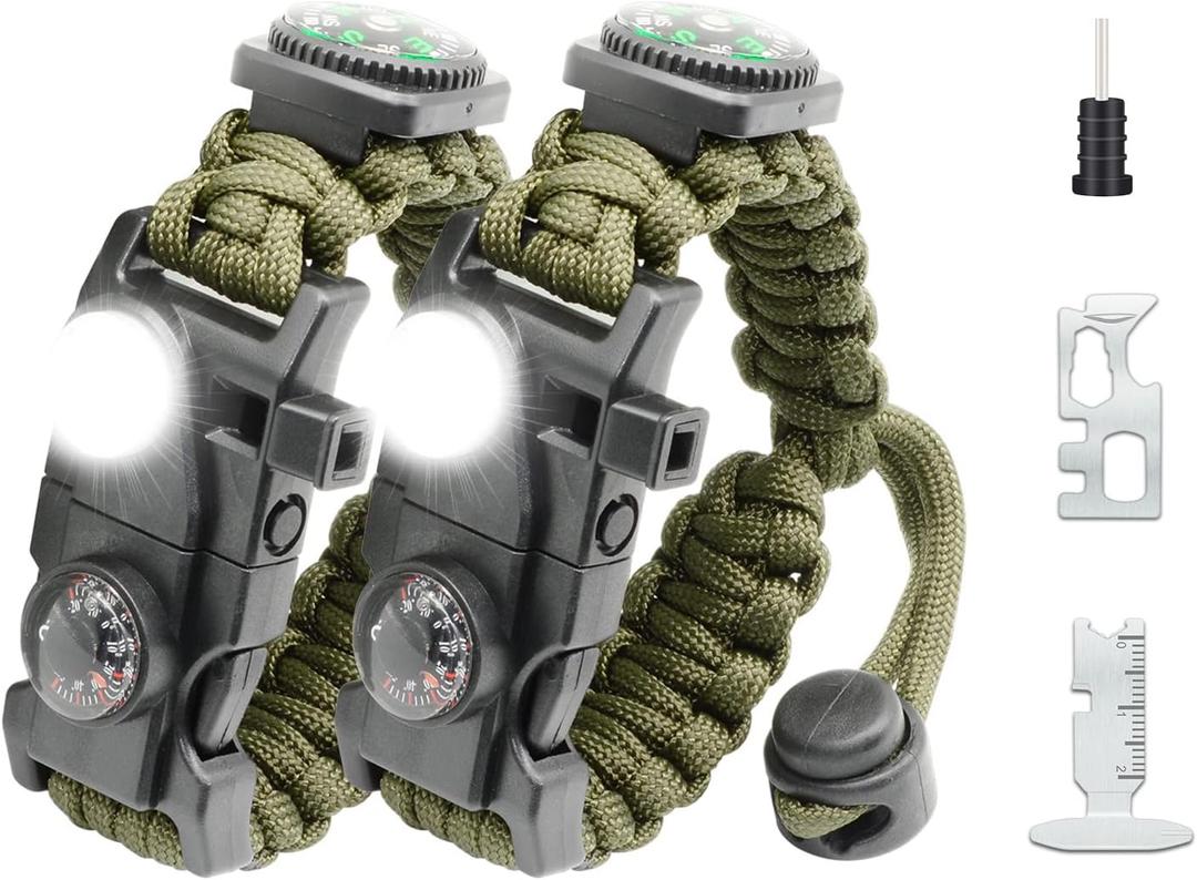 20 in 1 Survival Paracord Bracelet Adjustable Gear Kit with SOS LED Light, Fire Starter, Bigger Compass, Survival Whistle, Perfect for Camping, Hiking, Fishing (Green 2PCS)