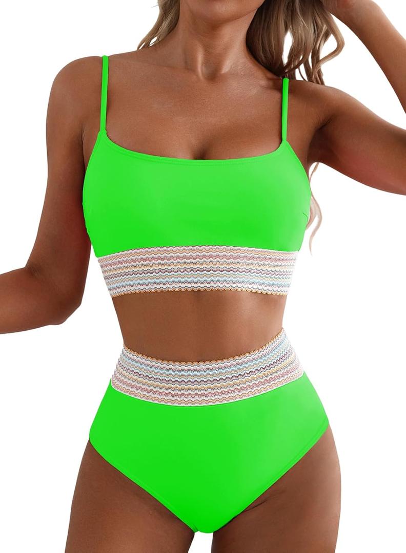 Herseas Women's Bikini Sets Colorblock Trim 2 Piece High Waisted Swimsuit Scoop Neck Adjustable Spaghetti Straps Bathing Suit (Large, Bright Green)
