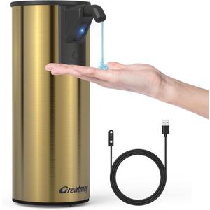Automatic Soap Dispenser,Stainless Steel Material, Rechargeable Touchless Hand Sanitizer Pump,4 Adjustable Levels Smart Electric Dispenser,Suitable for Bathroom,Kitchen (Gold)