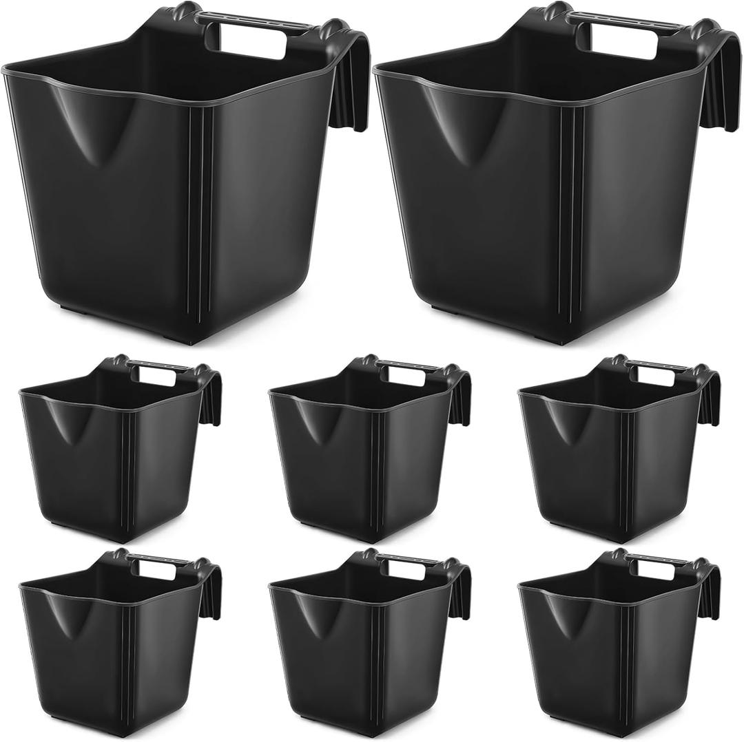Marsui 8 Pcs 15 Quart Horse Feeders for Stall Hook Over Hanging Fence Hay Feeder Mountable Livestock Plastic Feed Bucket for Farm Stalls Pasture, Stable to Feed Horses Sheep Cattle Cows (Black)