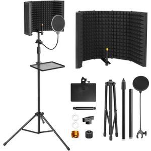 Microphone Isolation Shield, Foam Protection with Pop Filter, Tripod Stand, Foldable Design