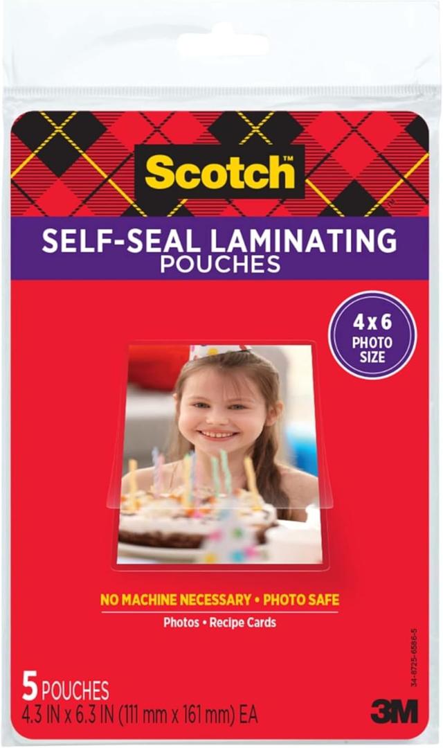 Scotch Self-Sealing Laminating Pouches, Gloss Finish, Photo Size 4 x 6 Inches, 5/Pack