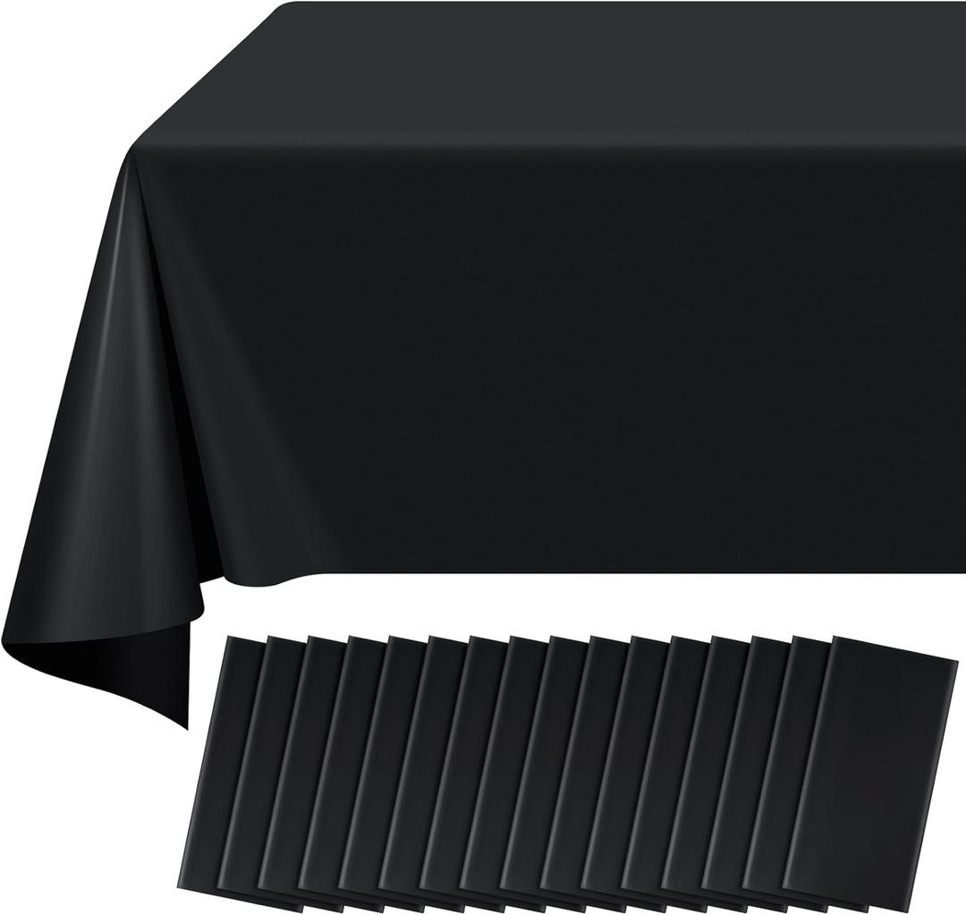 16 Pack Black Plastic Tablecloth for Rectangle Tables, Premium Decorative Black Disposable Table Cloths for Parties, Bulk Rectangle Party Table Cover for Birthday, Wedding, Anniversary, 54 x 108 Inch